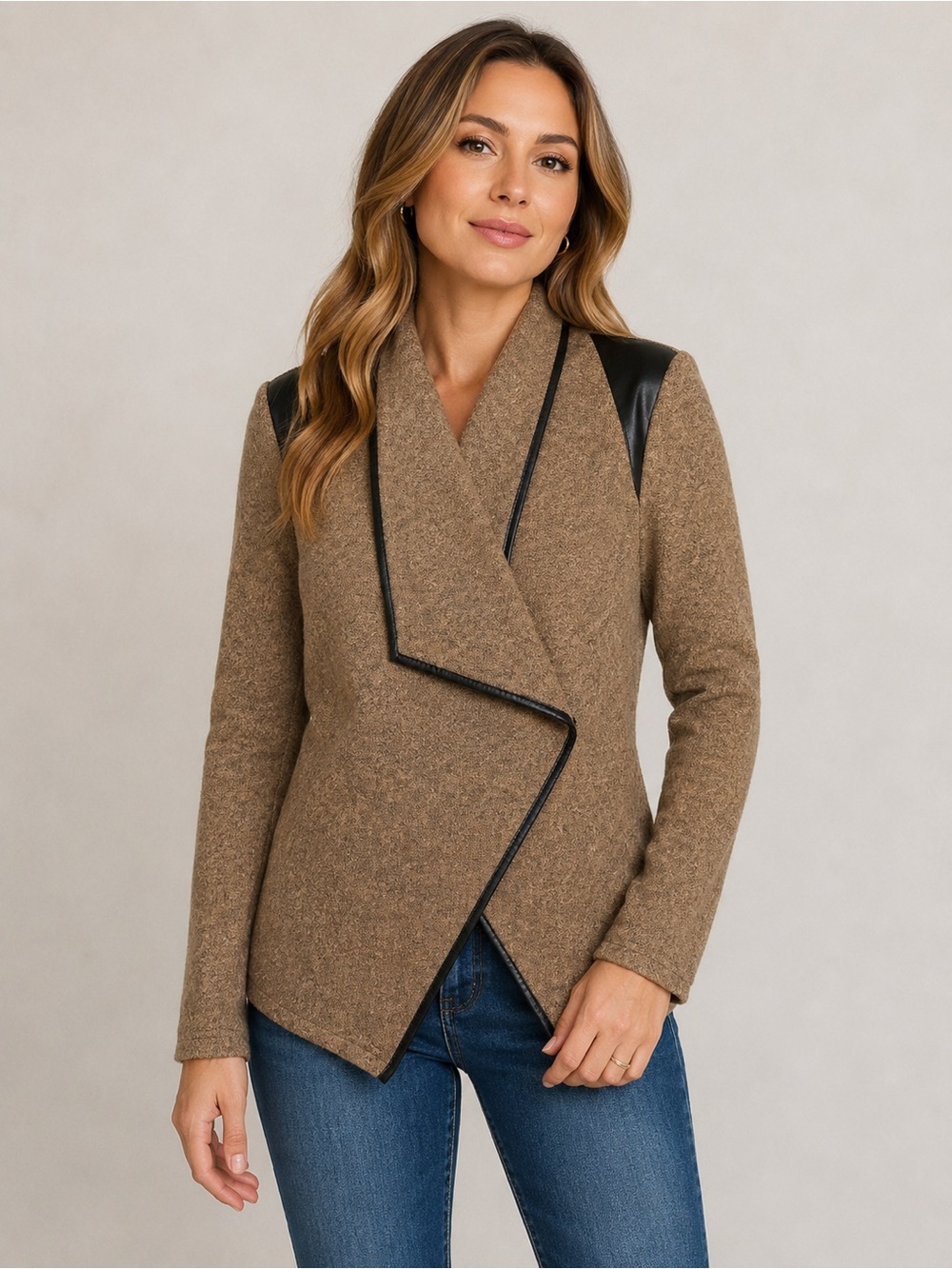 BNCI Blanc Noir Draped Moto Cardigan Jacket Medium Camel Faux Leather Trim